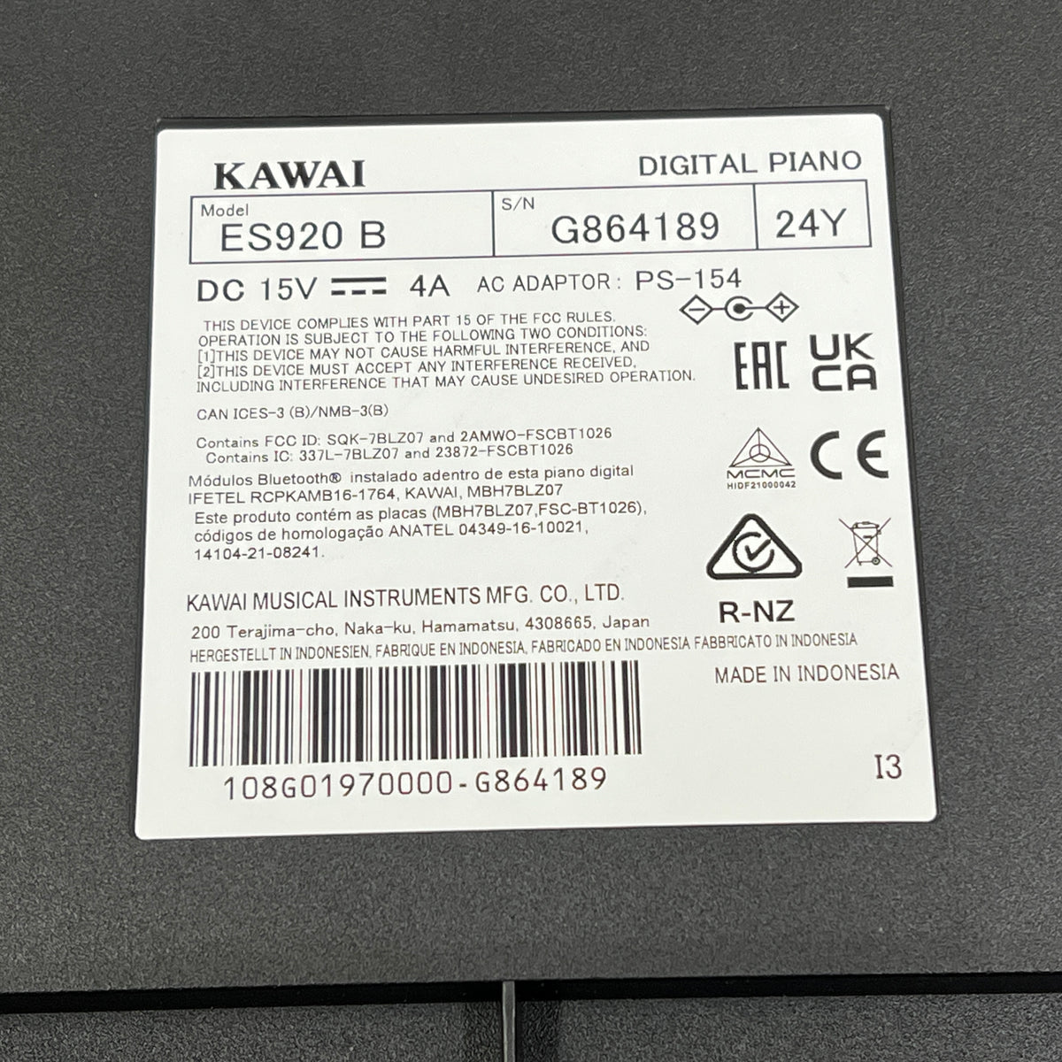 Kawai ES920B Digital Piano, Black; Serial No: G864189 | Second Hand