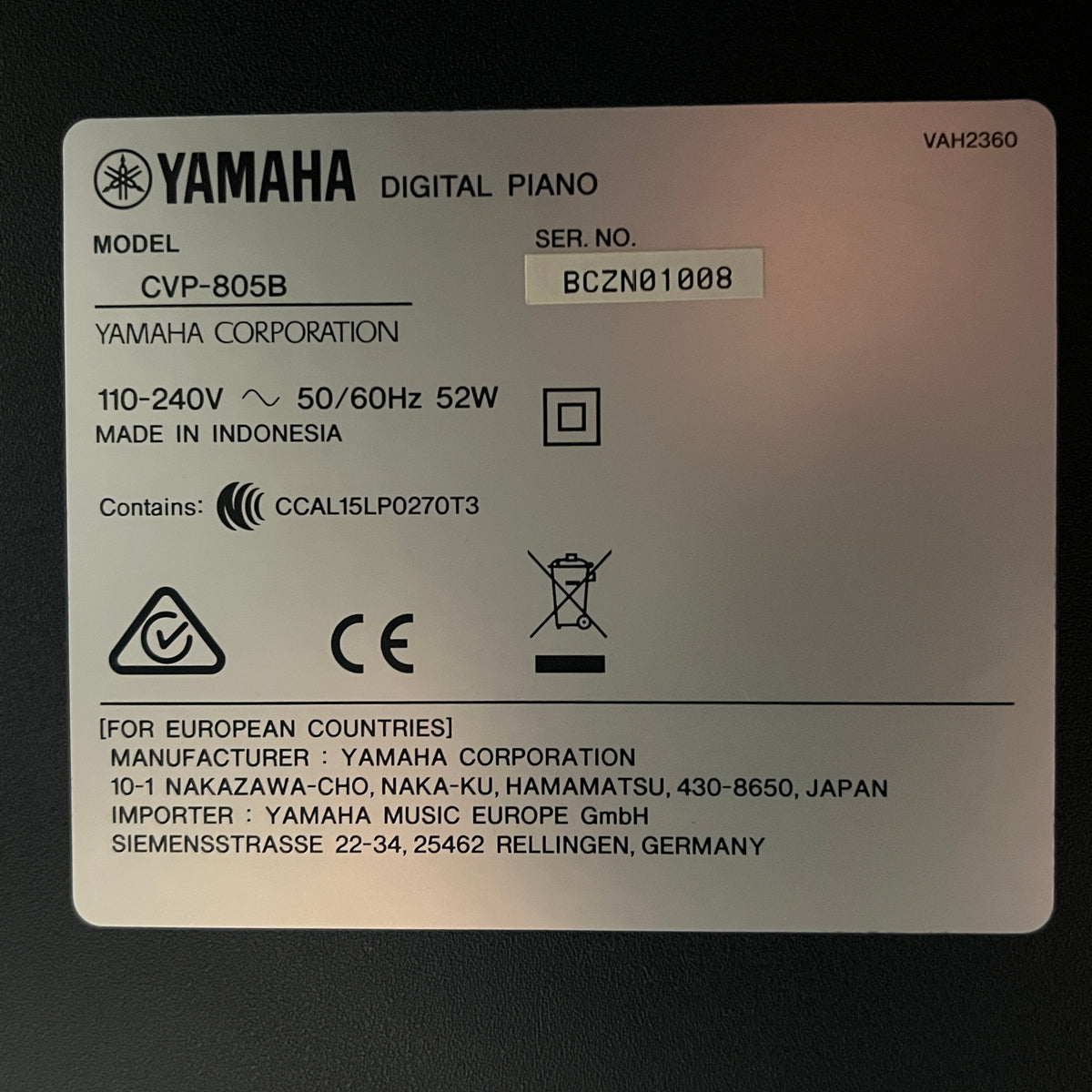 Yamaha CVP805 Digital Piano, Black; Serial No: BCZN01008 | Second Hand