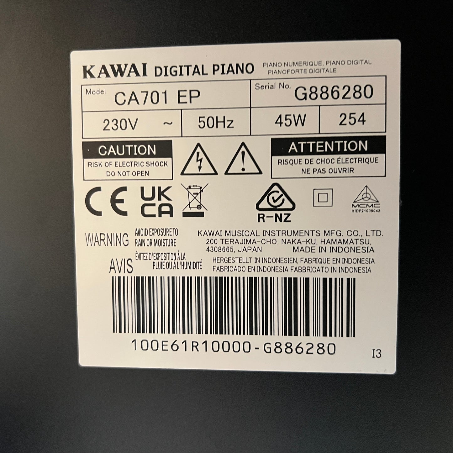 Kawai CA701 Polished Ebony Digital Piano With Matching Stool Serial No: G886280 | Second Hand