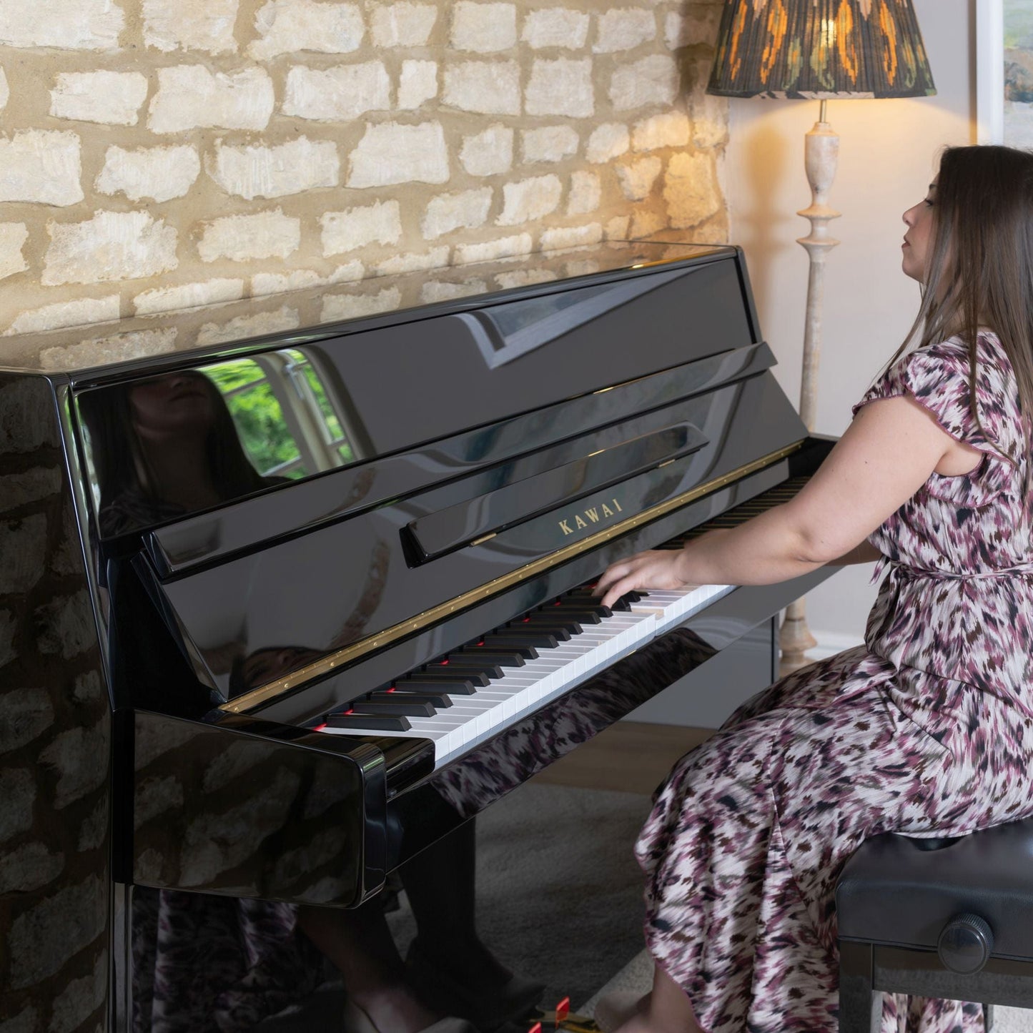 Kawai K15E Upright Piano; Polished Ebony