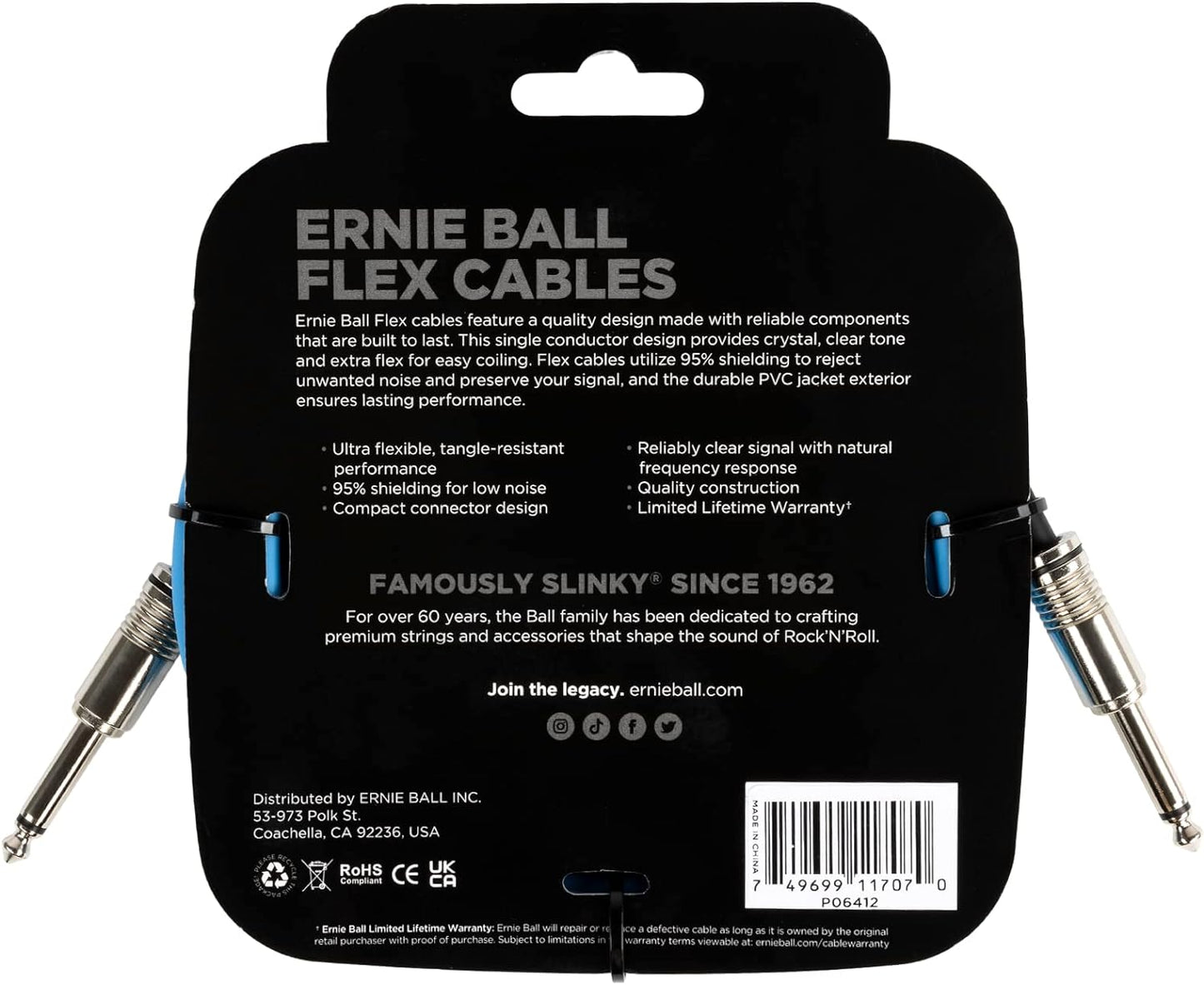 Ernie Ball Flex Instrument Cable; 10ft Blue