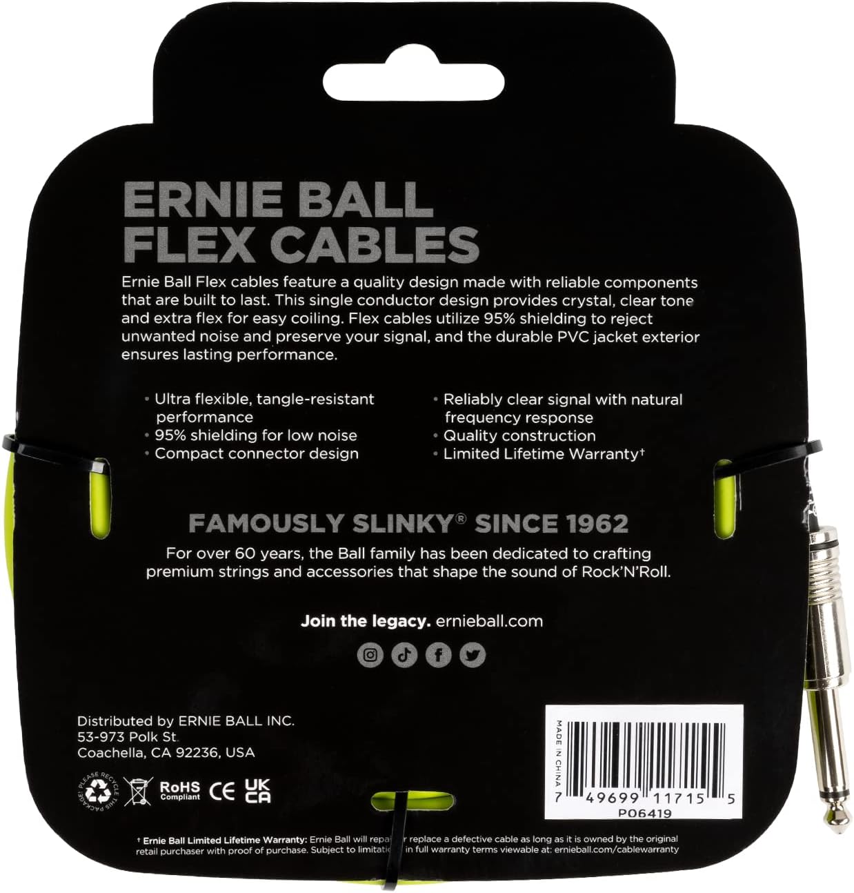 Ernie Ball Flex Instrument Cable; 20ft Green