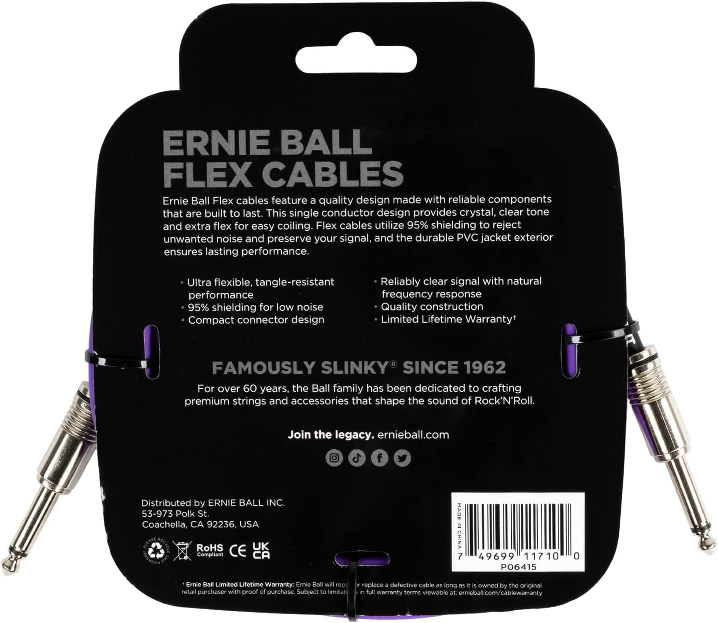 Ernie Ball Flex Instrument Cable; 10ft Purple