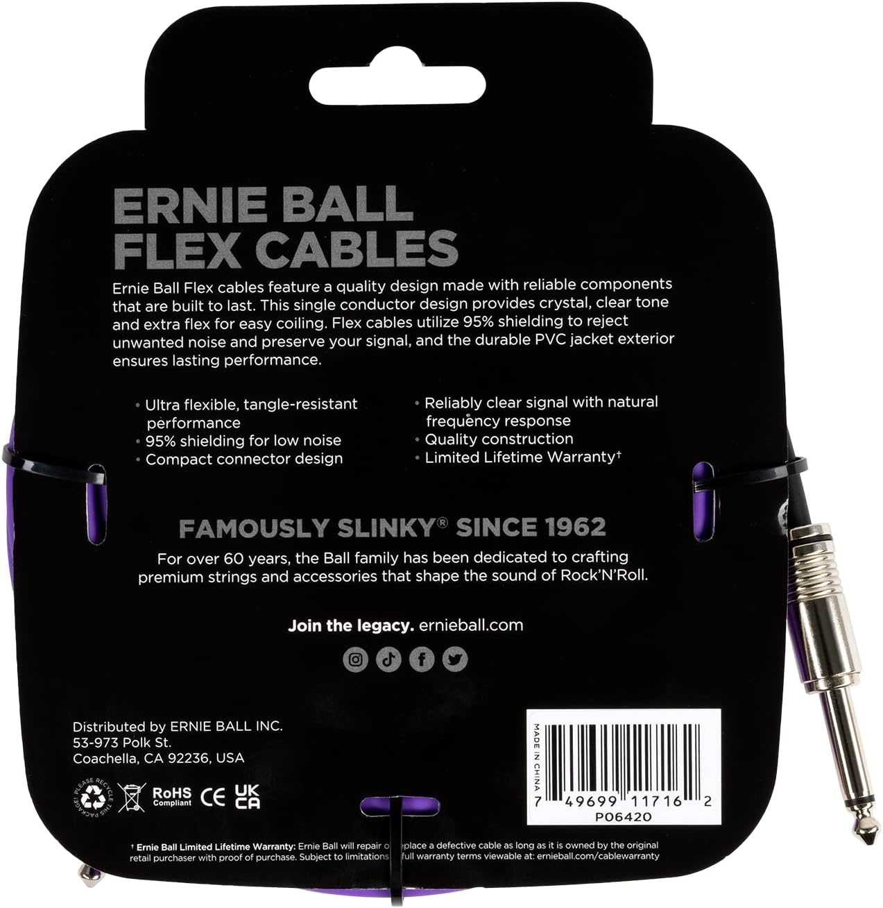 Ernie Ball Flex Instrument Cable; 20ft Purple