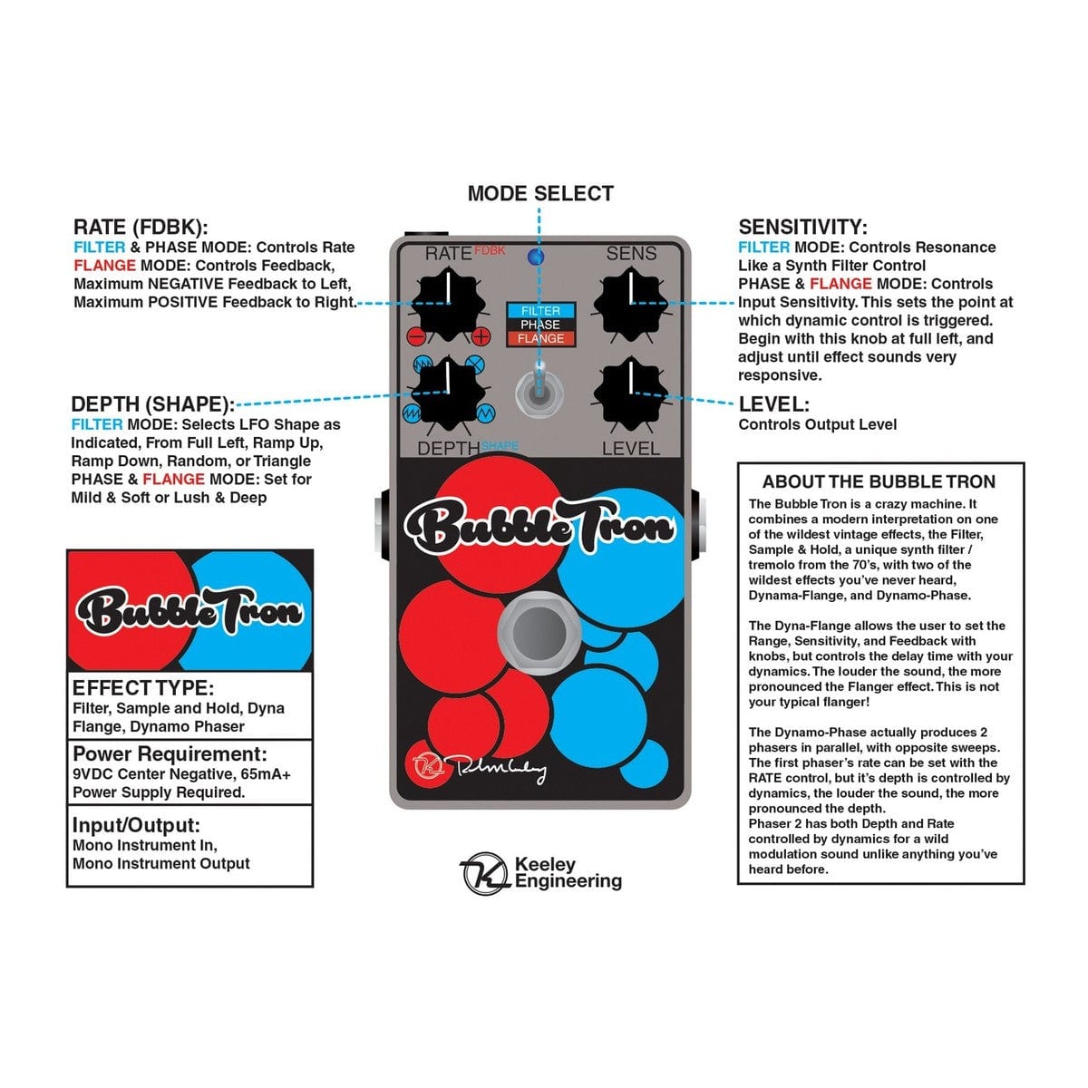 Keeley Bubble Tron Dynamic Flanger Phaser Effects Pedal