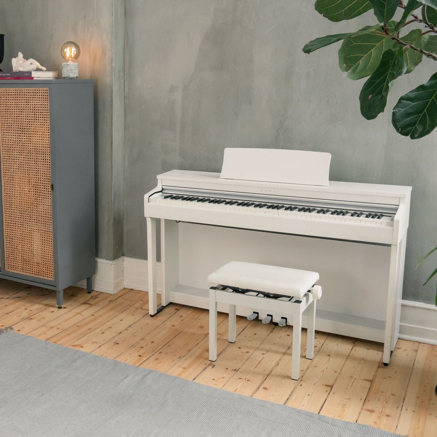 Kawai CN201 Digital Piano; White with Piano Stool & Kawai SH9 Headphones