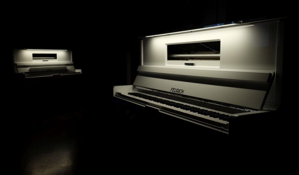 Feurich 133 Concert Upright Piano; Polished Black Chrome Fittings