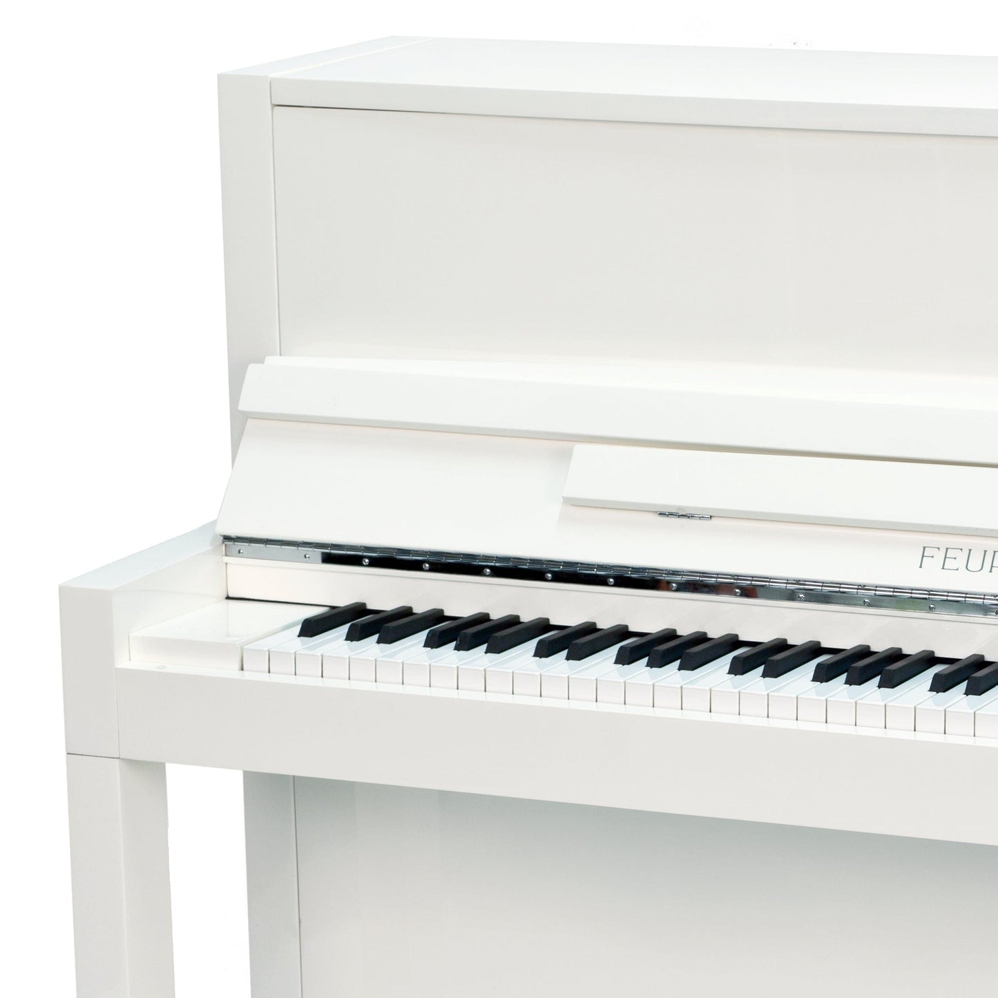 Feurich 115 Premiere Upright Piano; Polished White Chrome Fittings