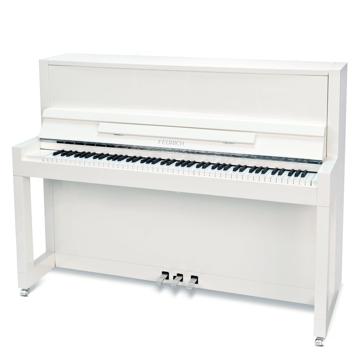 Feurich 115 Premiere Upright Piano; Polished White Chrome Fittings