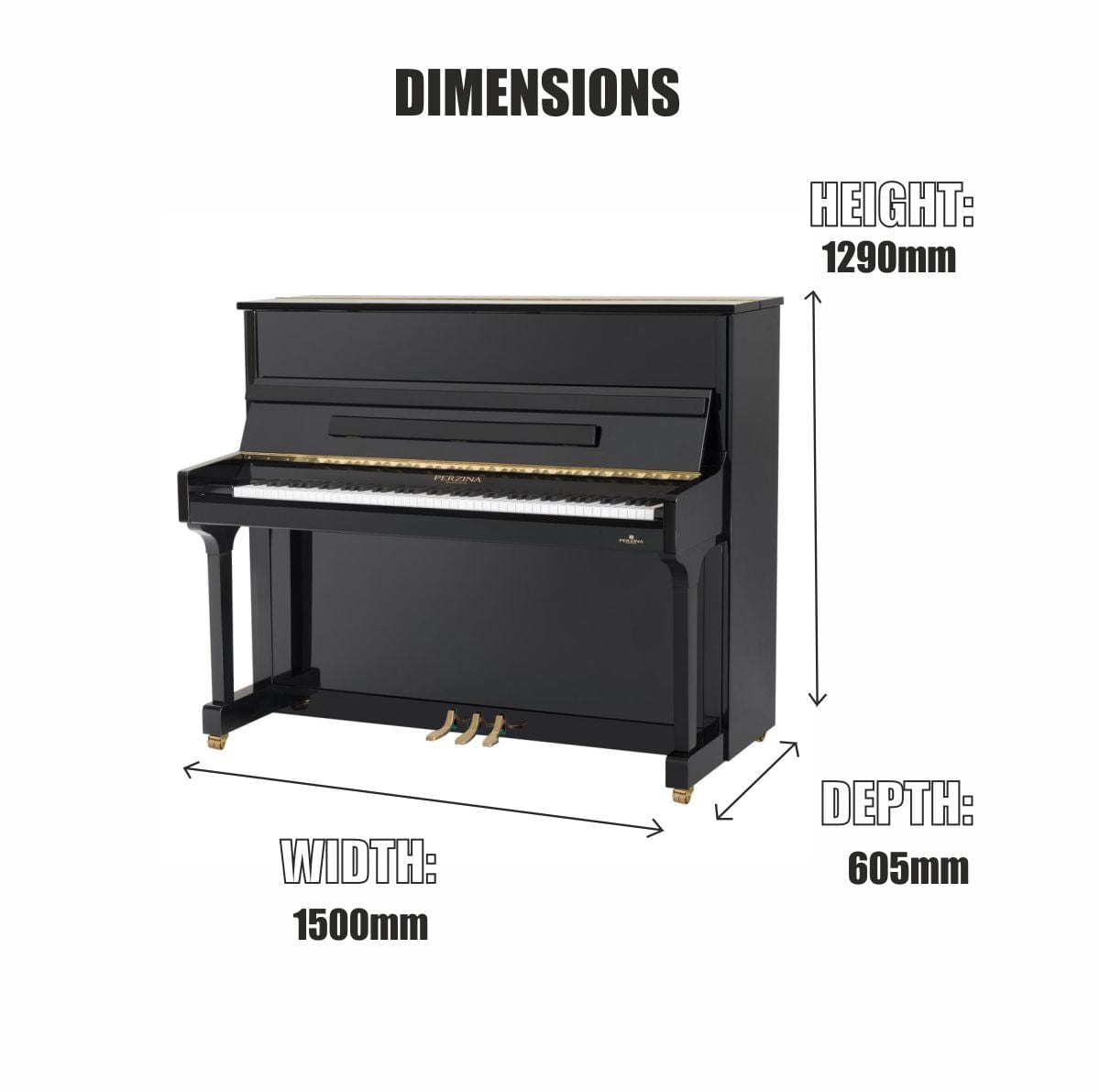 Perzina UP129 Upright Piano; Black Polished