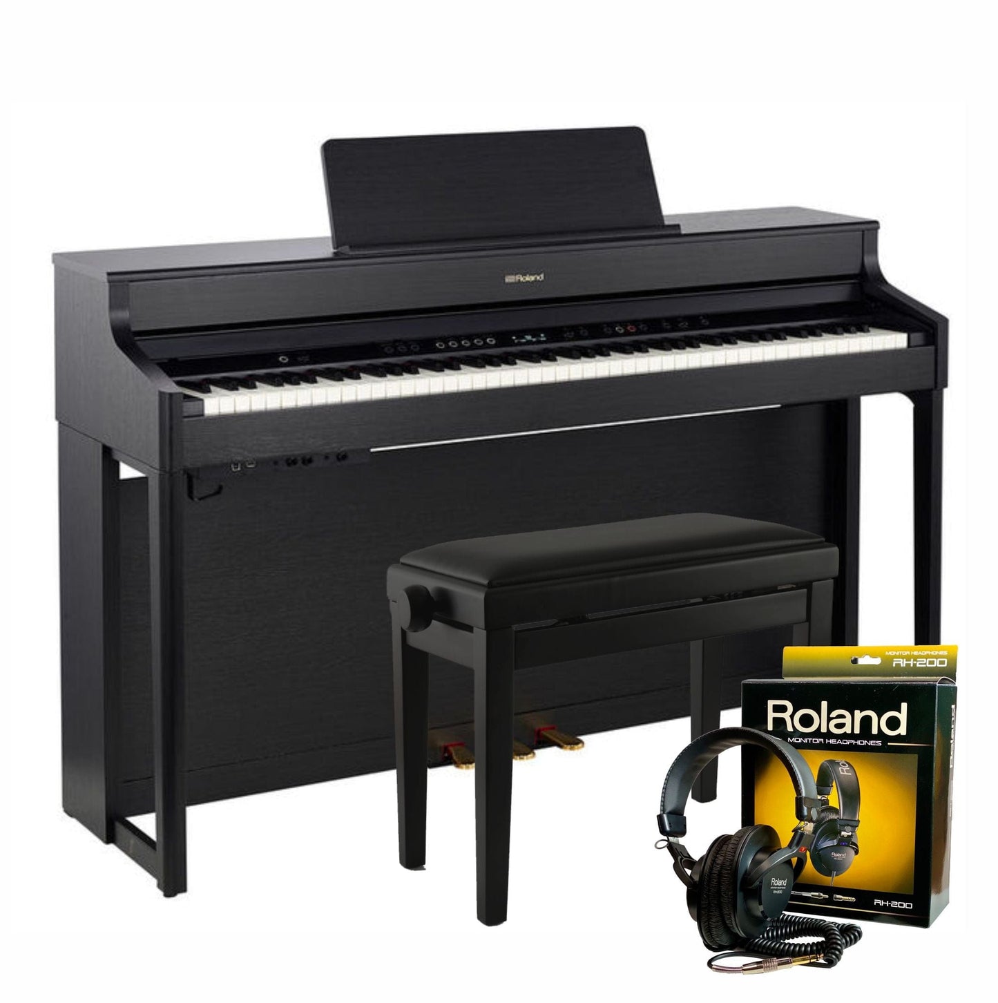 Roland HP702 Charcoal Black with Piano Stool & Roland RH200 Headphones
