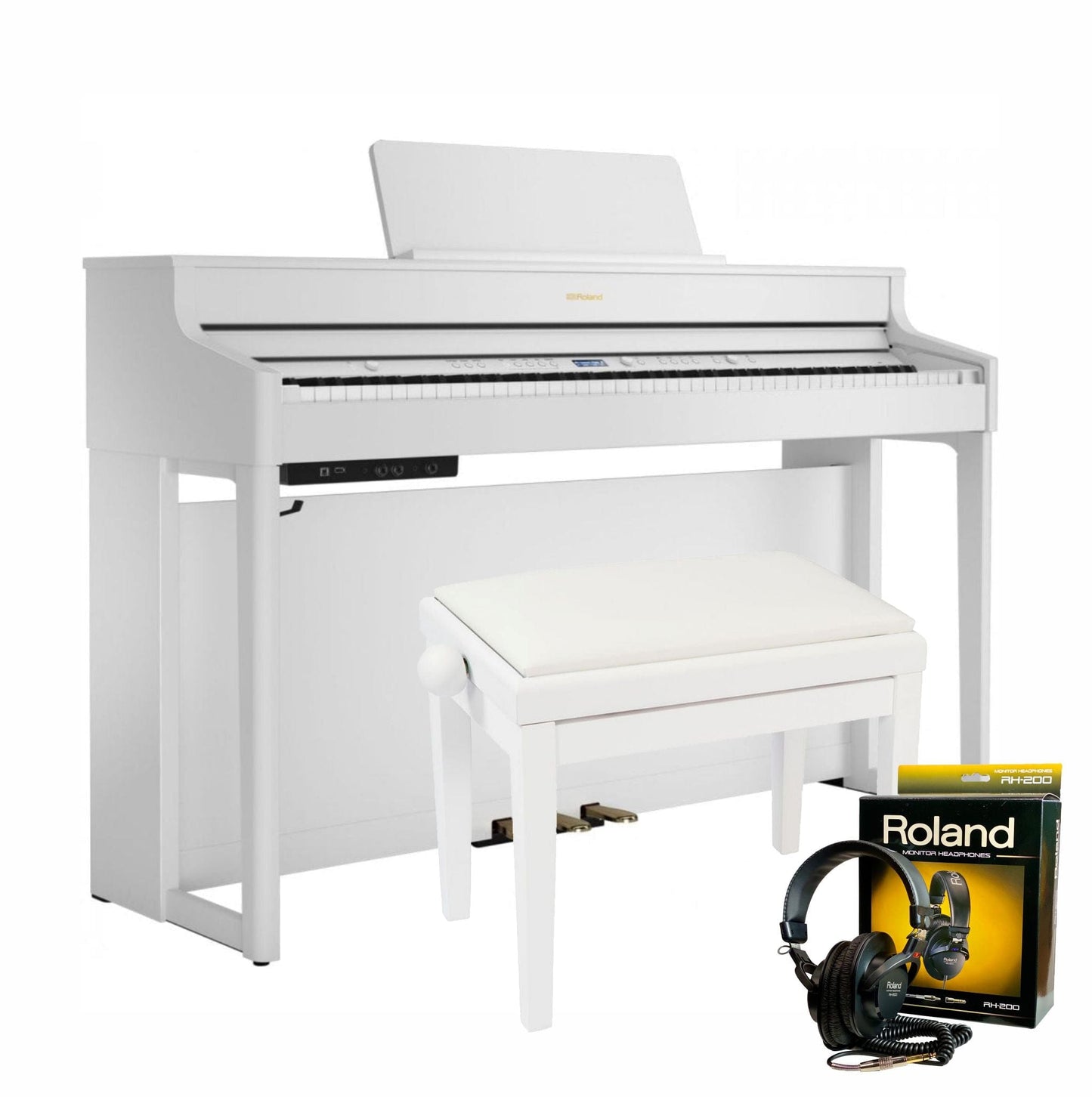 Roland HP702 White with Piano Stool & Roland RH200 Headphones