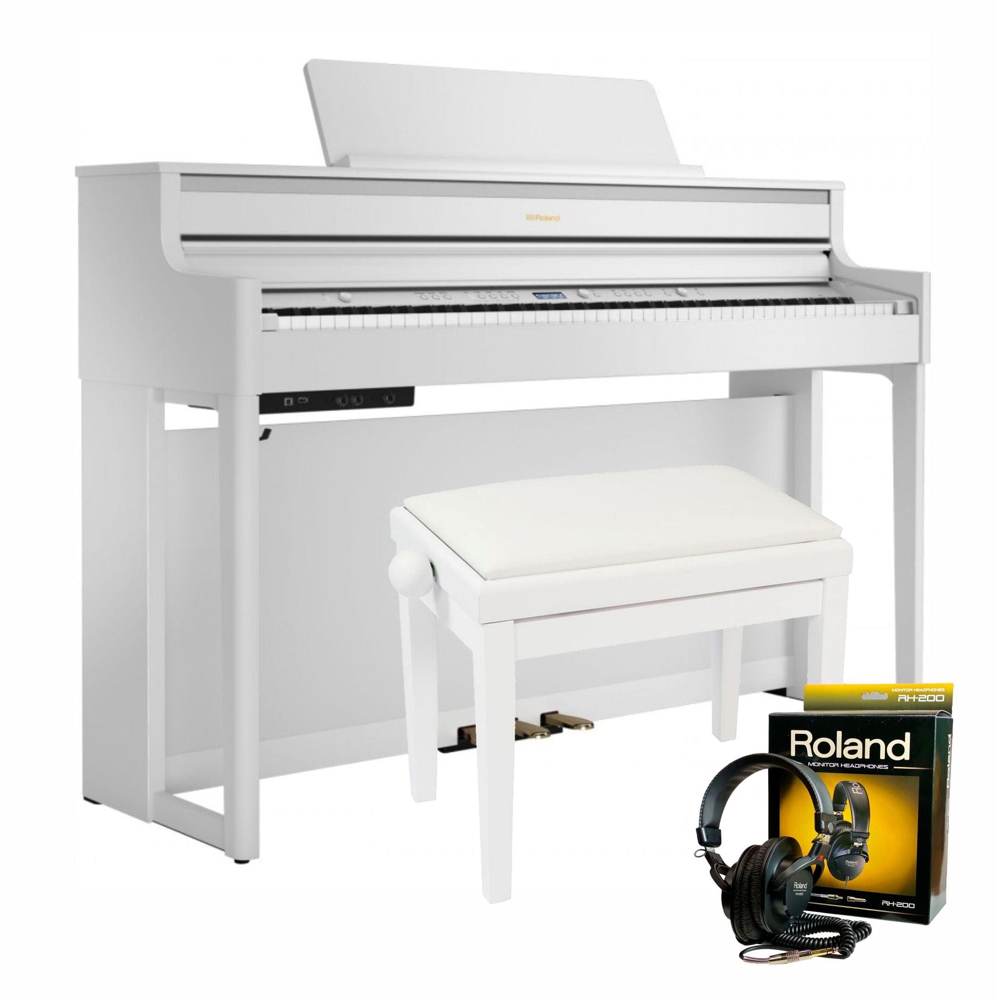 Roland HP704 White with Piano Stool & Roland RH200 Headphones