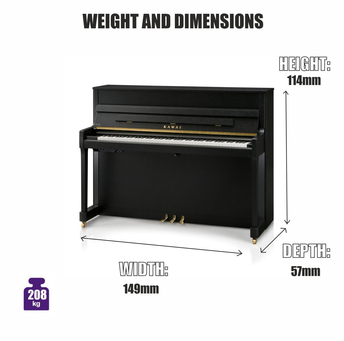 Kawai E200 Studio Upright Piano; Satin Black