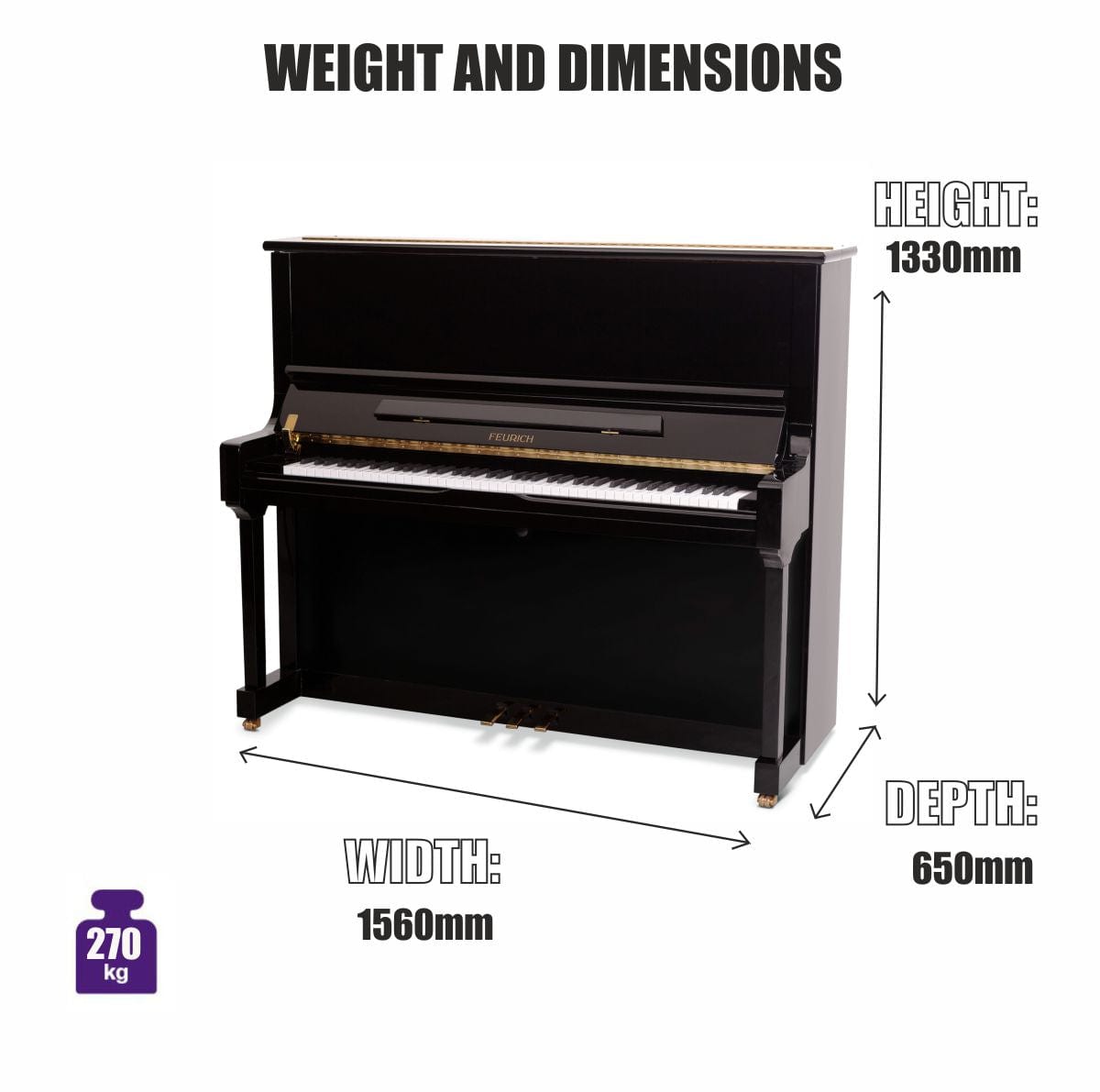 Feurich 133 Concert Upright Piano; Polished Black Chrome Fittings