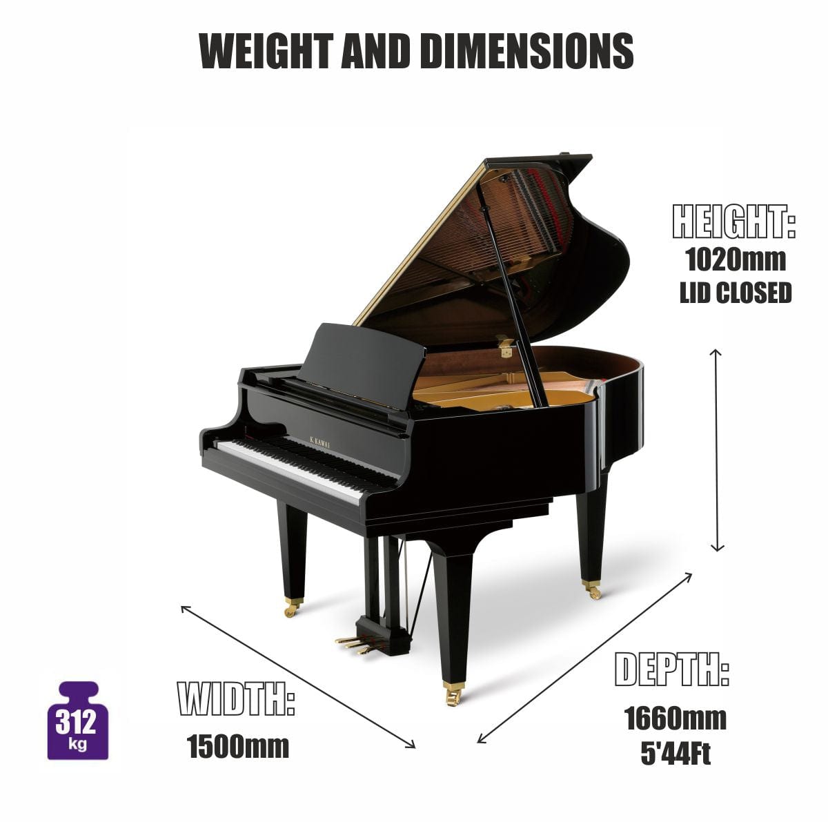 Kawai GL30 166cm Grand Piano; Polished Ebony