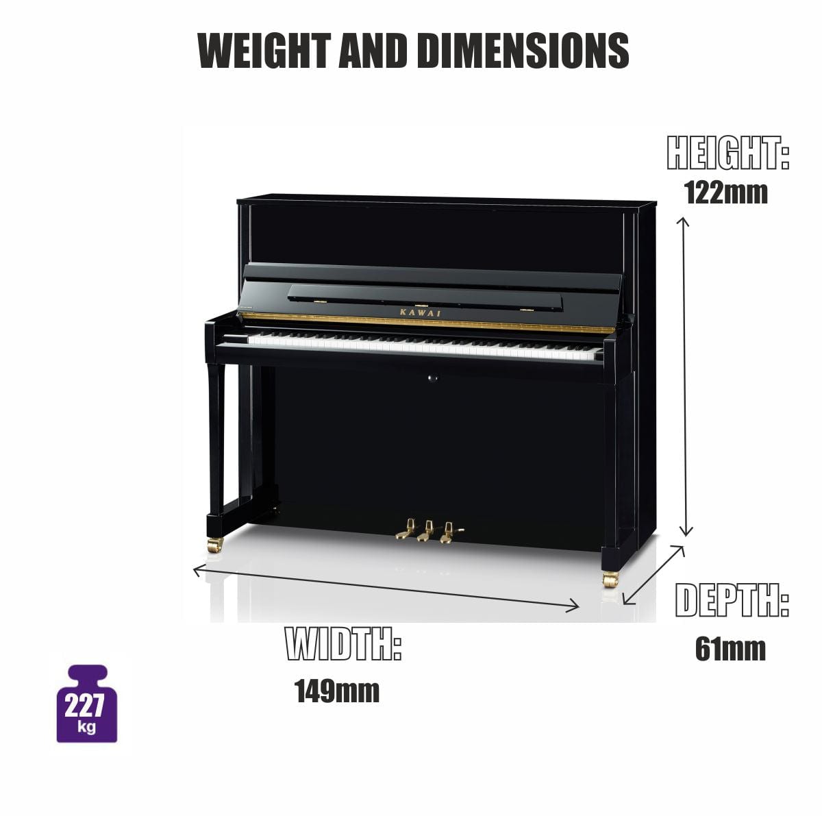 Kawai K300 Upright Piano; Polished Ebony & Silver Fittings