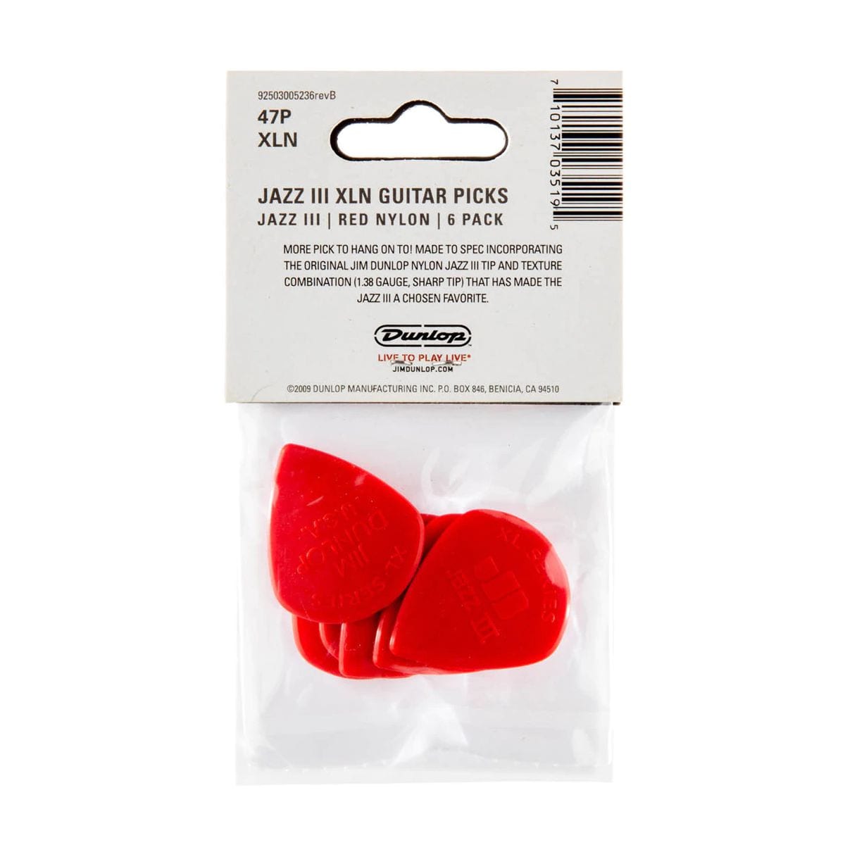 Jim Dunlop Nylon Jazz III XL Plectrums Red 1.38mm 6 Pack