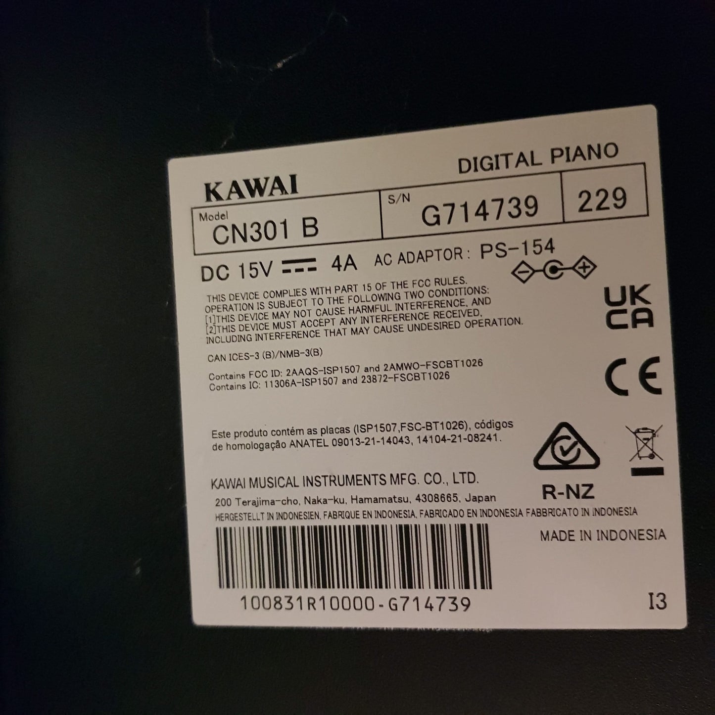 Kawai CN301 Black Digital Piano Incl Matching Stool; Serial No: G714739 | Ex-Display