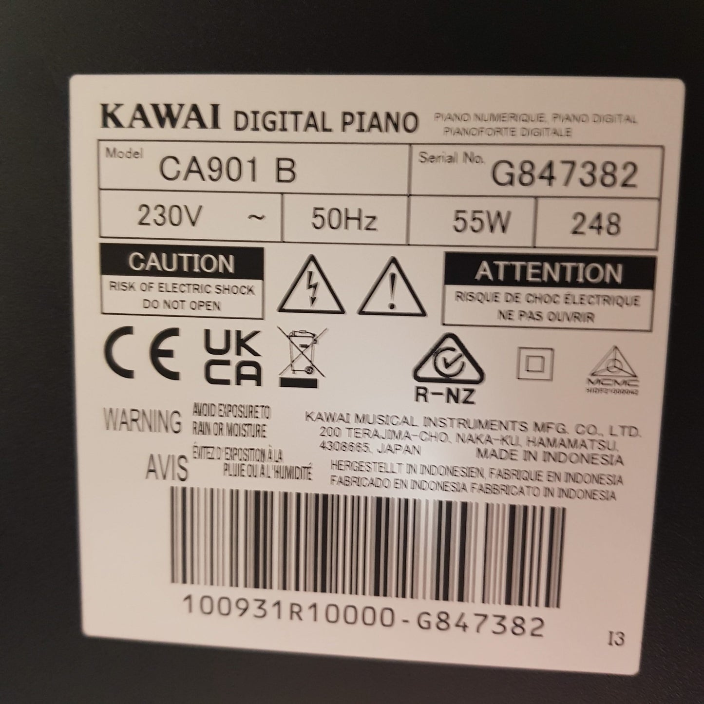 Kawai CA901 Black Digital Piano Incl Matching Stool; Serial No: G847382 | Ex-Display
