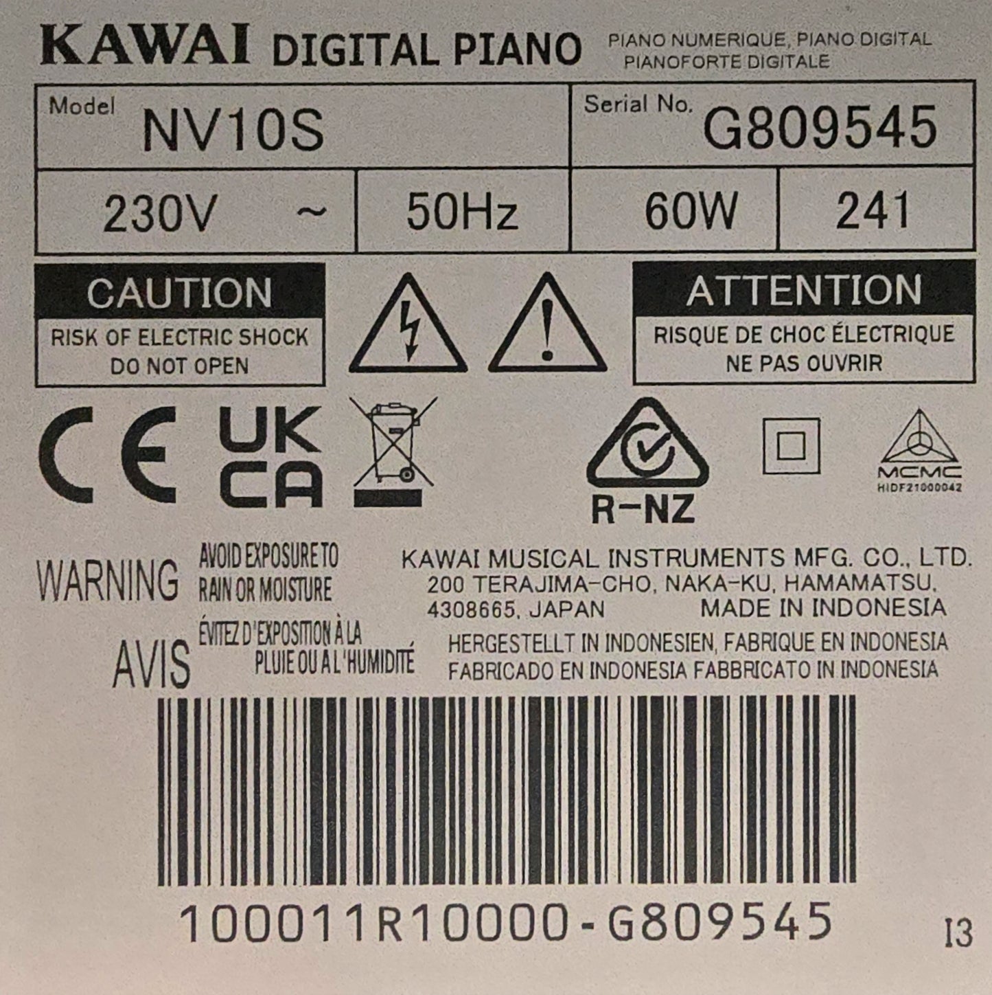 Kawai Novus NV10S Hybrid Piano Incl Concert Stool; Serial No:G809545 | Certified Ex Demo with 5 Years Warranty