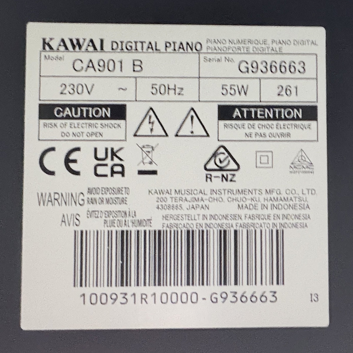 Kawai CA901 Digital Piano, Satin Black; Serial No: G936663 | Second Hand