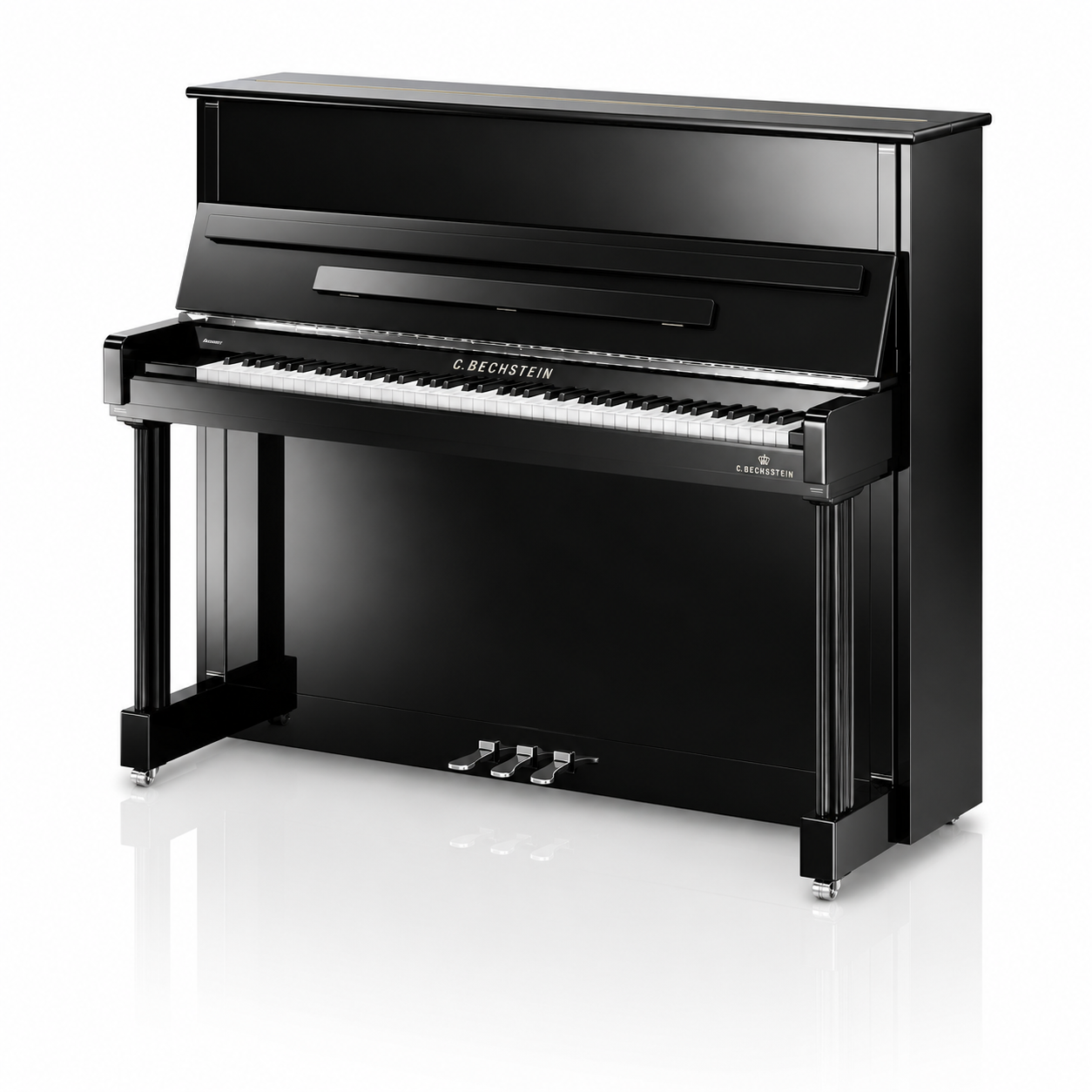 C. Bechstein Residence R6 Classic Upright Piano in Polished Ebony with chrome Fittings