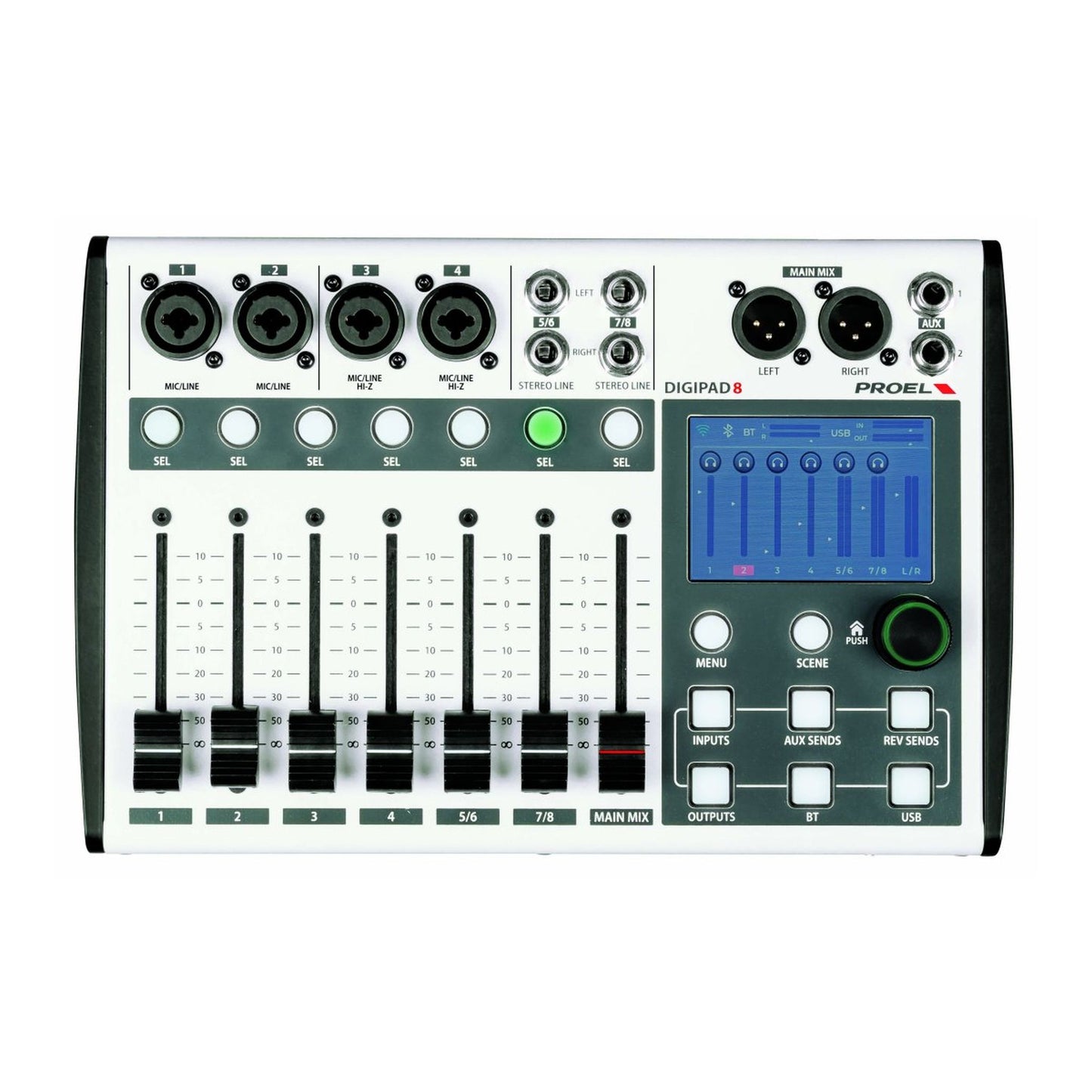 Proel Digipad8 8-In Digital Mixer with USB, Bluetooth, and Motorised Faders