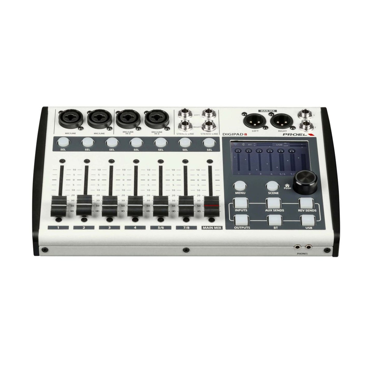 Proel Digipad8 8-In Digital Mixer with USB, Bluetooth, and Motorised Faders