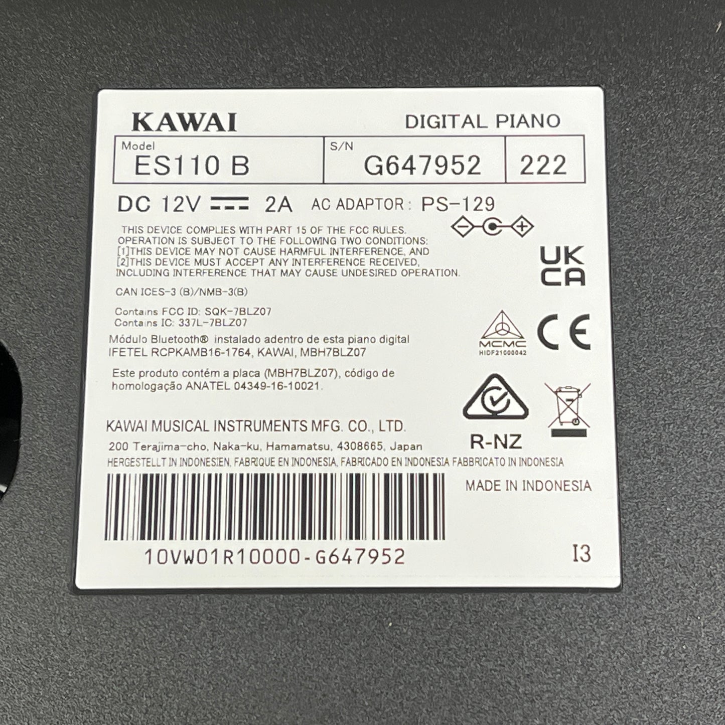 Kawai ES110B Digital Piano; Serial No: G647952 | Second Hand