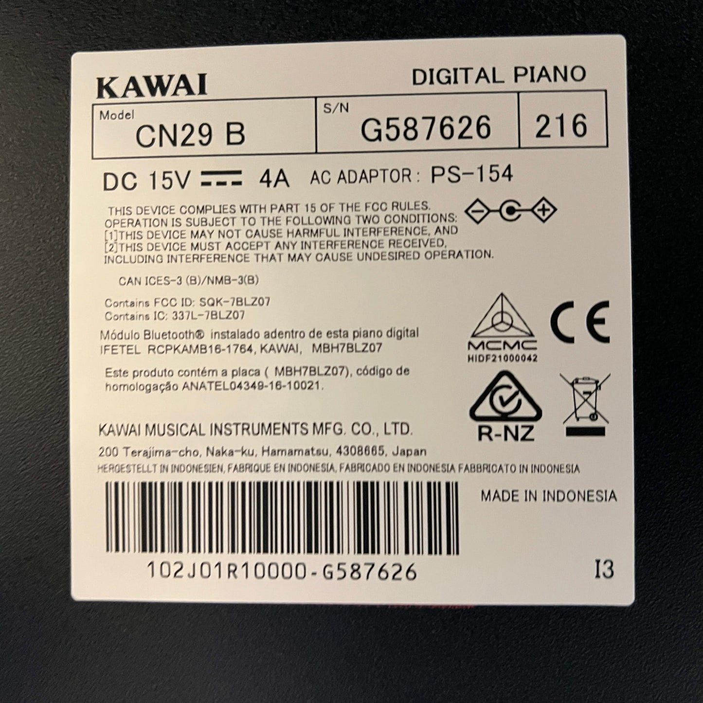 Kawai CN29 Black Digital Piano Including Stool; Serial No: G587626 | Second Hand
