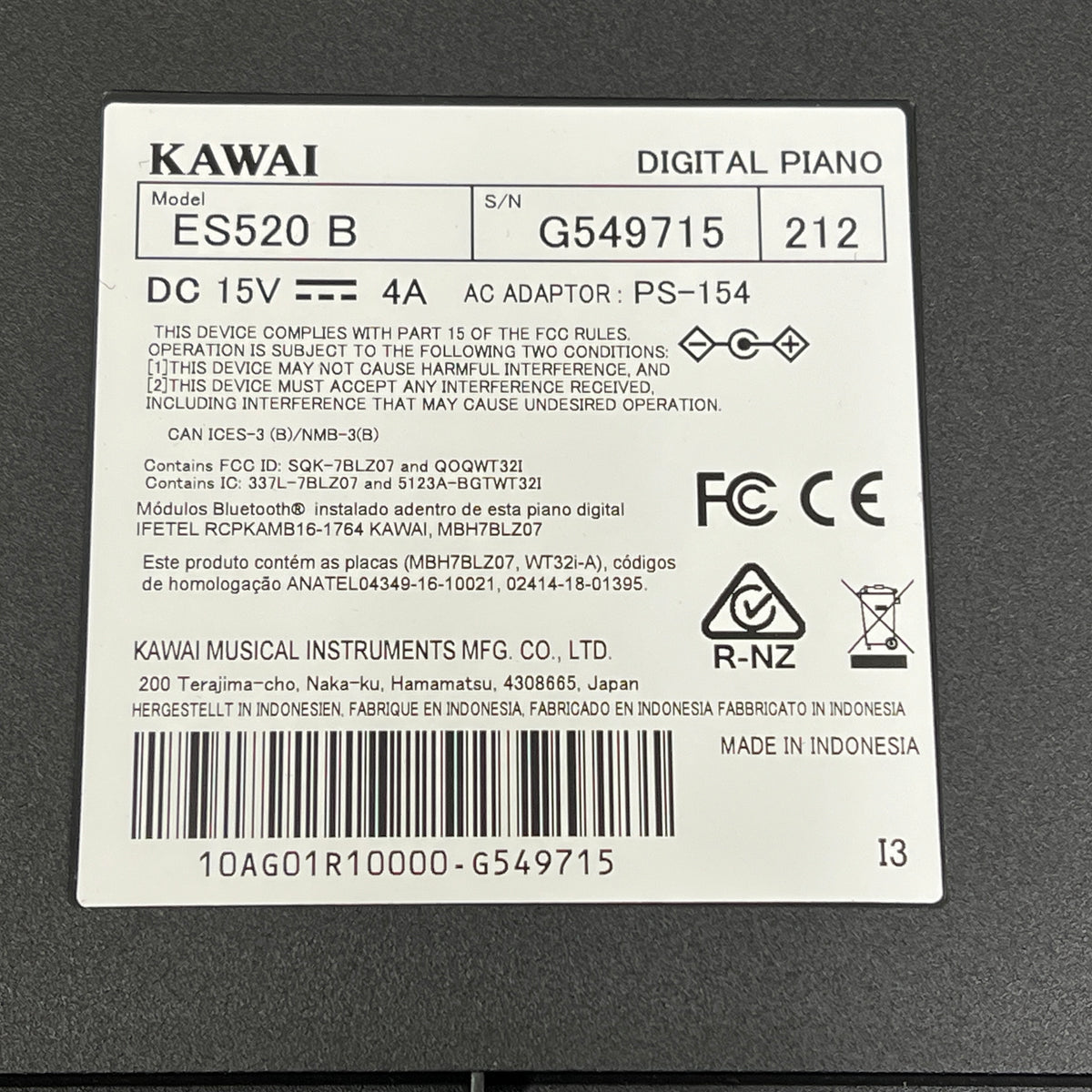 Kawai ES520B Digital Piano, Black; Serial No: G549715 | Second Hand