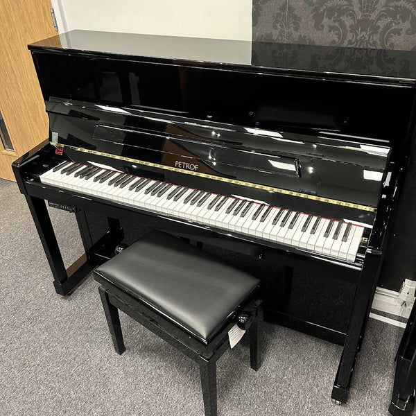 Second Hand Petrof P118 M1 Silent Upright Piano in Polished Ebony with Height Adjustable Stool Serial No: 634378