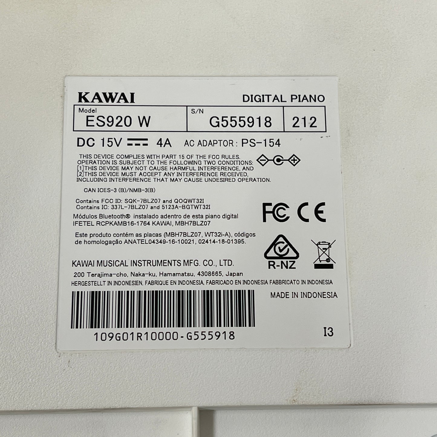 Kawai ES920 Digital Piano; White: Serial No: G555918 | Second Hand