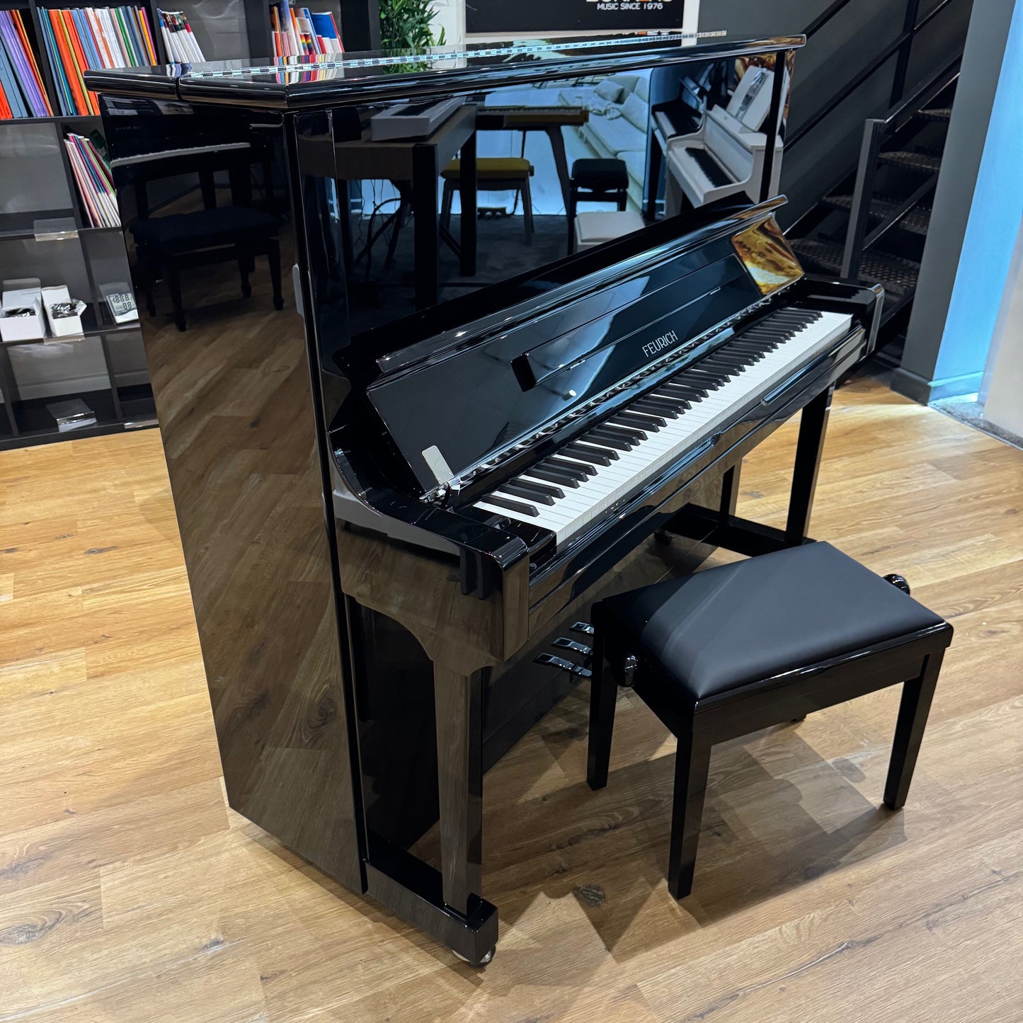 Feurich 133 Upright Piano in Polished Black with Chrome Fittings: Serial No: F14907 | Second Hand