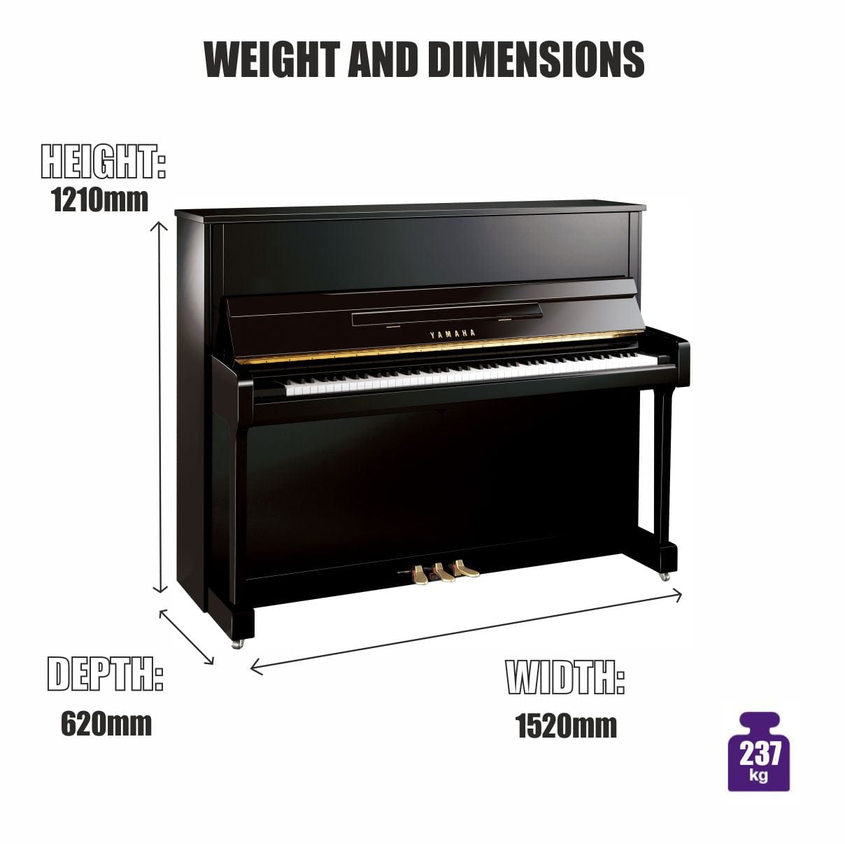 Yamaha B3 TC3 TransAcoustic Upright Piano; Polished Ebony & Chrome