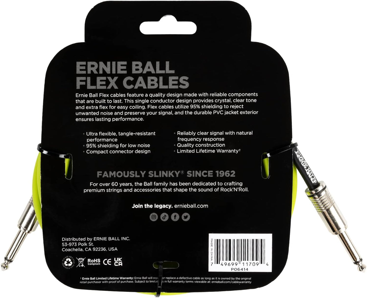 Ernie Ball Flex Instrument Cable; 10ft Green