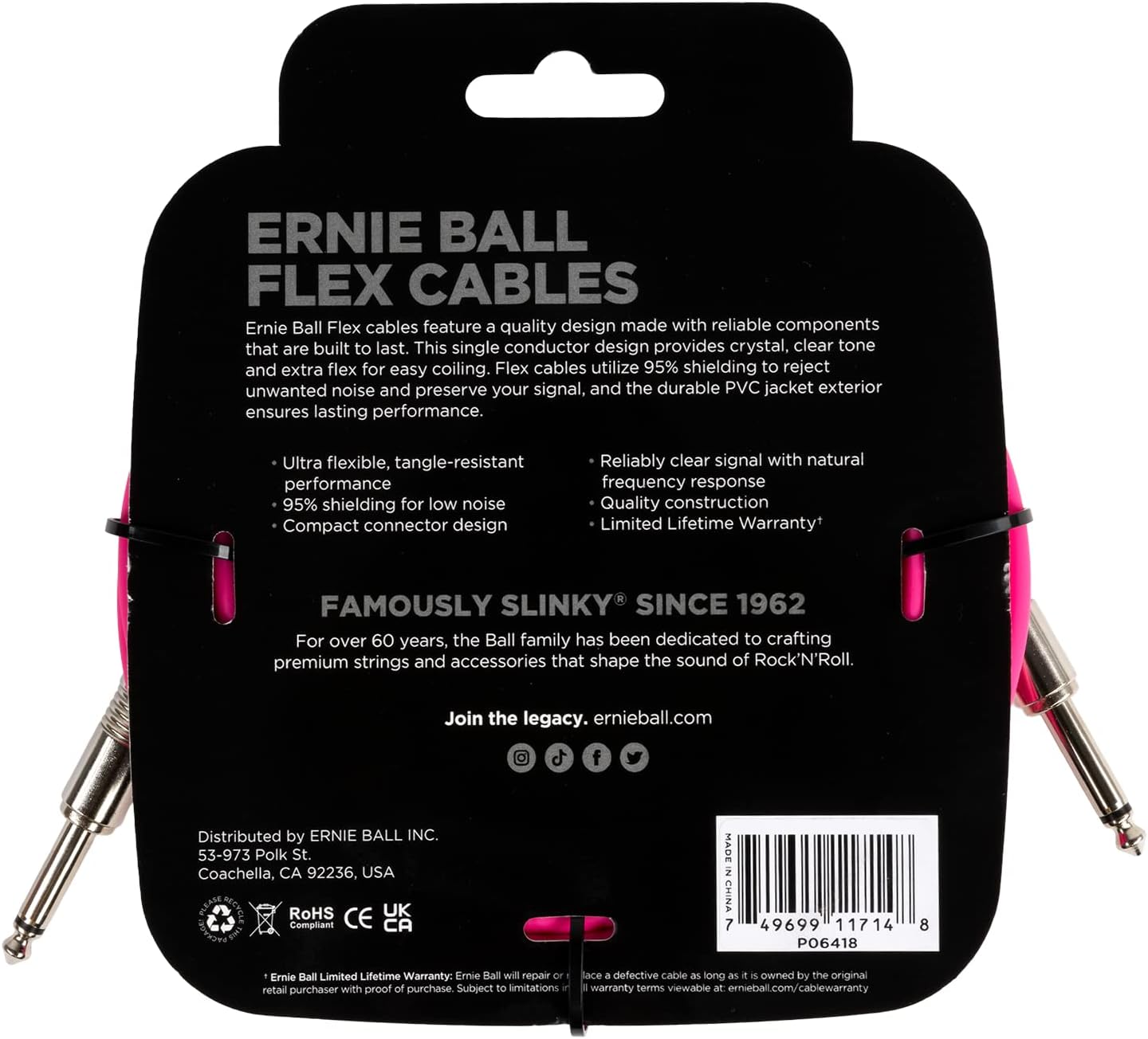 Ernie Ball Flex Instrument Cable; 20ft Pink