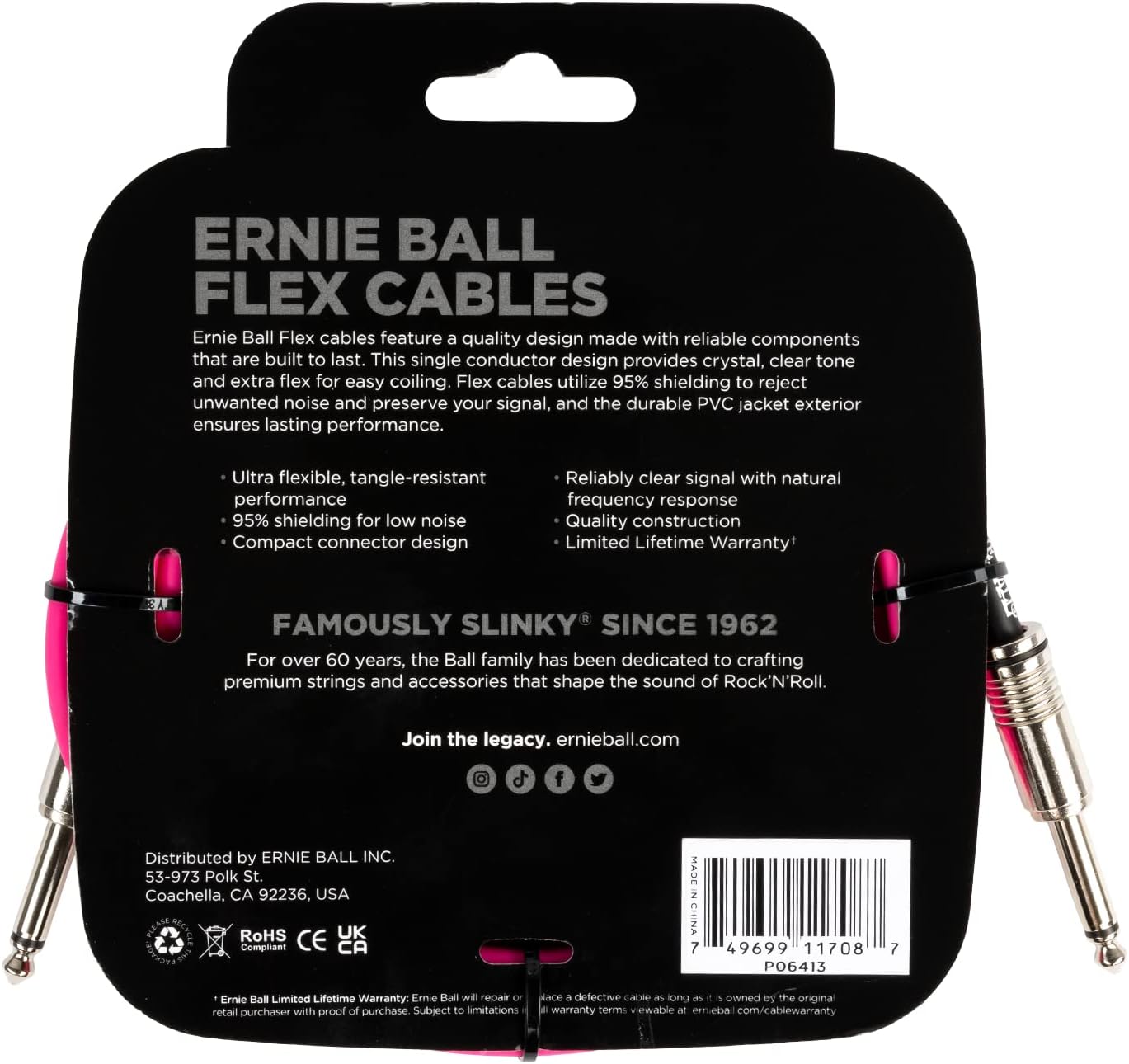Ernie Ball Flex Instrument Cable; 10ft Pink