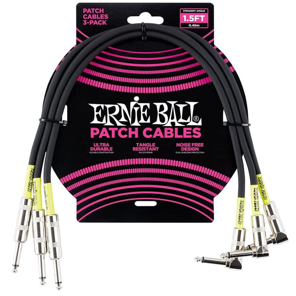 Ernie Ball 1.5' Straight Angled Patch 3 Pack Cables Black