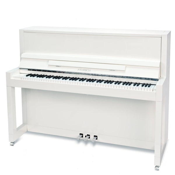 Feurich 115 Premiere Upright Piano; Polished White Chrome Fittings