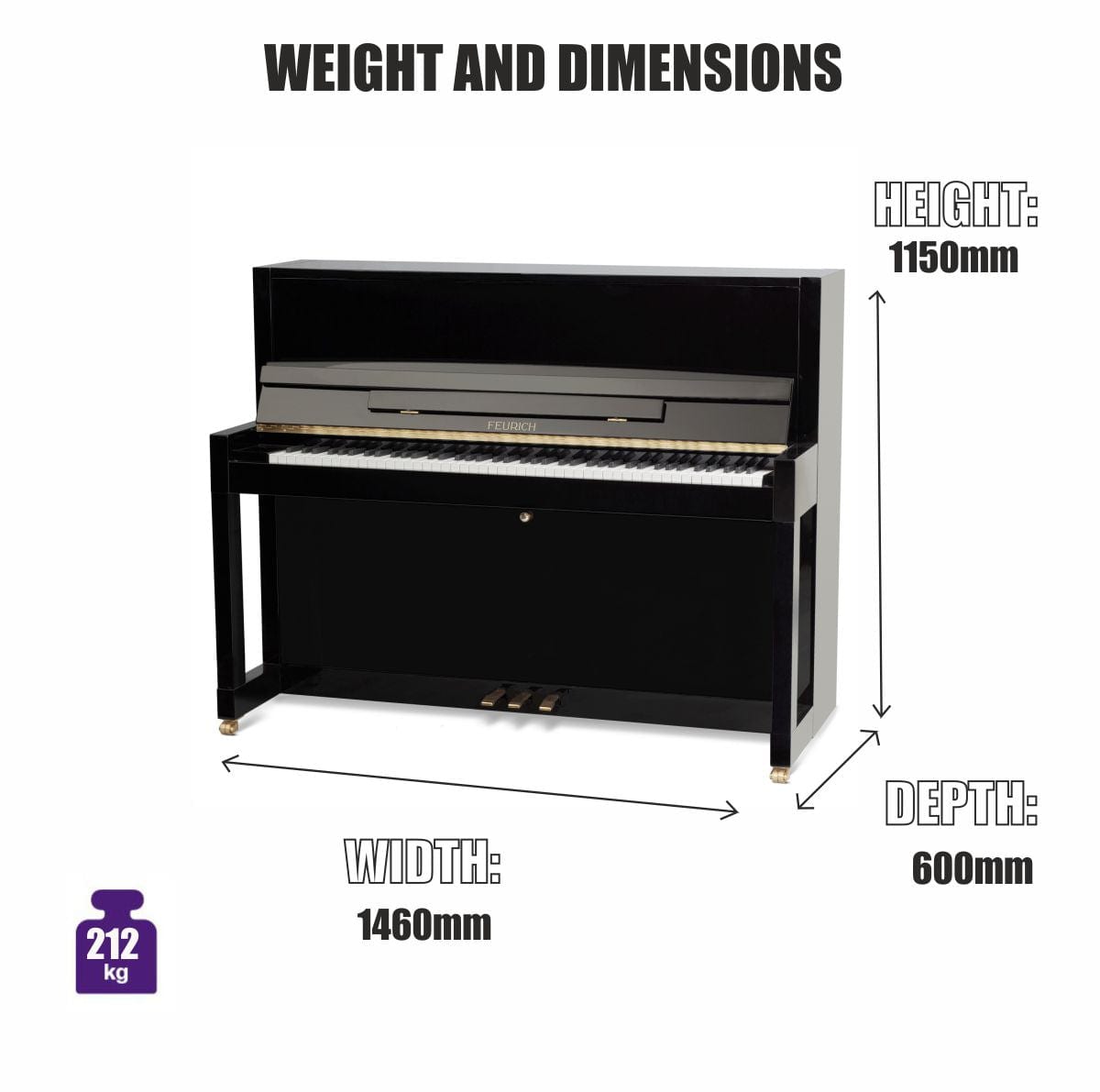 Feurich 115 Premiere Upright Piano; Polished Black Chrome Fittings